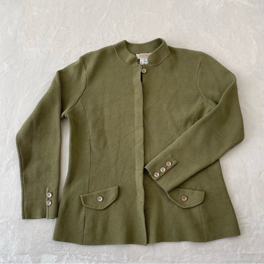 Talbots Cardigan Sz M Silk Interlock Blazer Sweater Mandarin Hidden Button Olive